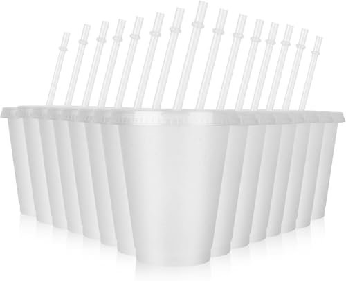 HUTRADE Lot de 15 gobelets réutilisables avec couvercle et paille – 473 ml (473 ml) gobelets en plastique pailleté