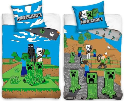 Minecraft - 2 x Wende-Bettwäsche-Set Bettbezug 135x200 Kopfkissenbezug 80x80 Baumwolle Gaming Bettzeug