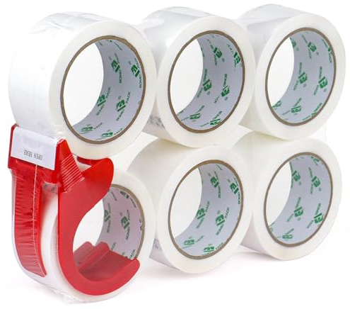BOMEI PACK 6 rouleaux Ruban d’emballage 66m x 48mm pour emballage - avec dévidoir,impression adhésif fort pour colis, entrepôt, e-commerce (Blanc)