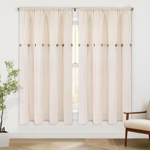 ASPMIZ Farmhouse Wohnzimmer Vorhänge Boho Country Leinen Vorhänge mit Rustikalen Knöpfen, Stangentasche & Rückenlasche See Khaki Vorhang für Schlafzimmer Fenster Vorhang Home Decor 132 x 160 cm 2