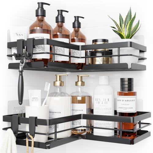 Kitsure Corner Shower Caddy – 2-Pack Adhesive Bathroom Shelves, Black, L | Quick Drain Design, Strong Adhesive, No-Drill Installation,Bathroom storage, Rustproof Finish for Kitchen & Laundry
