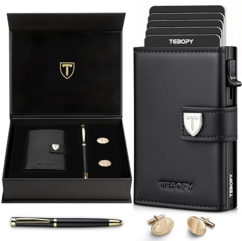 Tebopy Geldbörse Herren - Slim Portmonee Herren mit RFID Schutz & Münzfach | Premium Portemonnaie Set mit Kugelschreiber & Manschettenknöpfe, Luxus Geldbeutel Kartenetui für 10 Kreditkarten
