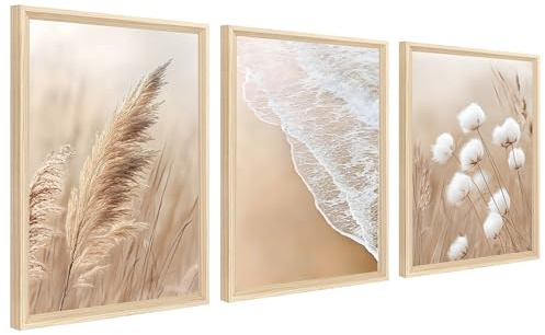 3Pcs Strand am Meer Strand Leinwand Bilder Set Mit Rahmen Pampasgras Schilf Löwenzahn Bild Poster Boho Beige Wandbilder Wohnzimmer Schlafzimmer Badezimmer Wanddeko 40x60cm x3pcs (Kein Plexiglas)