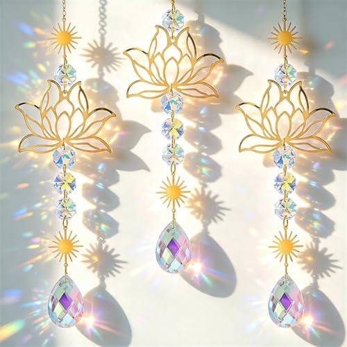 3 Piezas Atrapasol de Cristal Loto Adorno Ventana de Cristal Prisma Colores | Arcoíris Prisma de Bola de Cristal Adecuado como Regalo Se Puede Colgar en Ventanas Paredes Porches Jardines