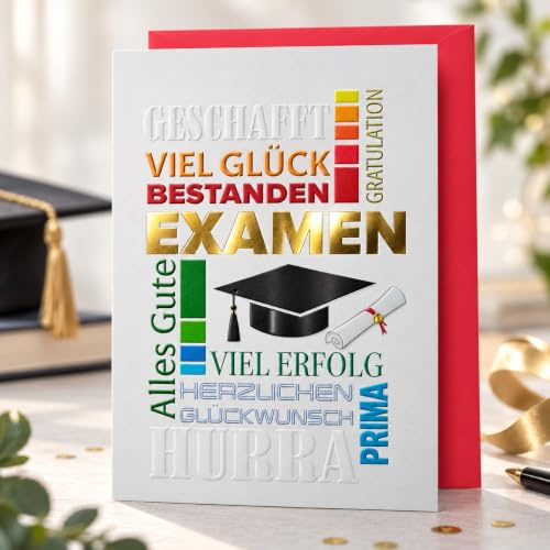 Michel Verlag Glückwunschkarte Zum EXAMEN | Stilvolle Grußkarte zum bestandenen Abschluss Prüfung Studium | Premium Klappkarte mit Umschlag | Edel & hochwertig mit Goldprägung | 12x17cm, Made in DE