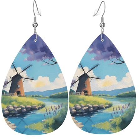 Women Leather beautiful river windmill Printed Earrings Simple Teardrop Shaped Pendant Stylish Holiday Gift