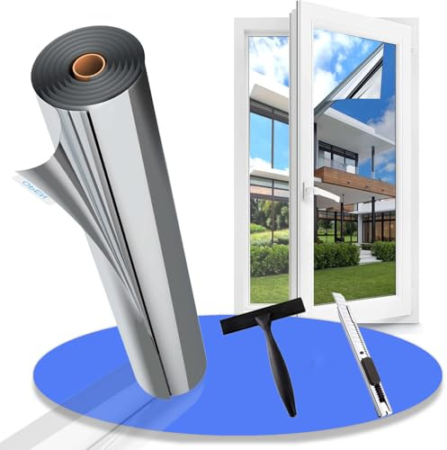 Gufoltie Hitzeschutzfolie Fenster außen & innen Sonnenschutzfolie Fenster UV Folie Spiegelfolie Fenster Sichtschutz Fensterfolie Hitzeschutz Thermofolie gegen Hitze Selbstklebende Silber 100x200cm