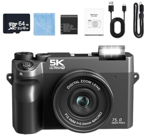 Divento Digital Camera 5K 75MP Compact with Wi - Fi, 64GB Card, 18x Zoom - Ideal for Adult Beginners' Photography, Vlogging & Travel