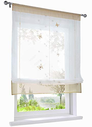 Raffrollo mit Schmetterling Bestickt Gardine Tunnelzug Transparent Voile Vorhang (BxH 100x140cm, Sand)