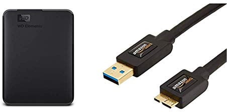 WD Elements Portable, Externe Festplatte - 2 TB - USB 3.0 - WDBU6Y0020BBK-WESN & Amazon Basics USB 3.0-Kabel (A-Stecker auf Micro-B-Stecker) 1,8 m (Abwärtskompatibilität zu USB 2.0 und 1.1)