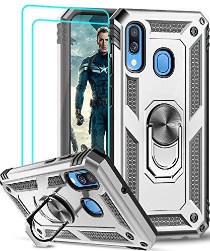 LeYi Coque pour Samsung Galaxy A40 avec avec [2 Pcs Verre Trempé] Anneau Support, Double Couche Renforcée Défense Bumper TPU Silicone Full Body Antichoc Armure Housse Etui pour Samsung A40, Argent