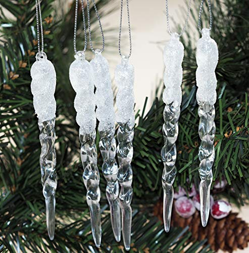 BWG Set Of 18 Ice effect 12cm White Frost Hanging Icicles - Christmas Tree Decorations
