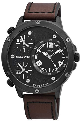 Excellanc Elite Herrenuhr Schwarz Braun Analog Triple Time Weltzeit 3 Zeiten Zeitzonen Kunst-Leder Quarz 3 Bar Armbanduhr