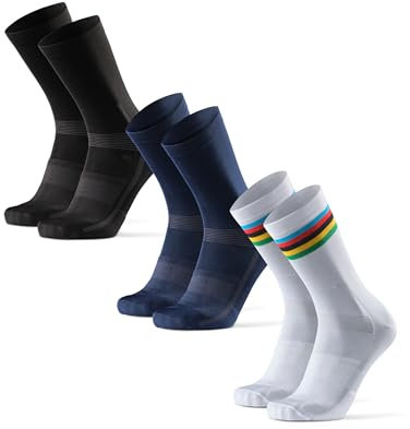 DANISH ENDURANCE Fahrrad Socken, Rennrad Socken, Gepolstert, Unisex, für Herren & Damen, 3 oder 5 Paar, Mehrfarbig (1 x Gestreift, 1 x Schwarz, 1 x Dunkelblau), 35-38