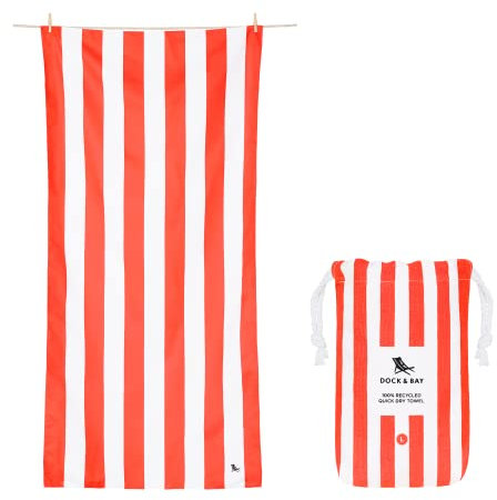 Dock & Bay Beach Towel - Quick Dry, Sand Free - Compact, Lightweight - 100% Recycled - Includes Bag - Cabana - Waikiki Coral Red - Extra Large (200x90cm, 78x35)
