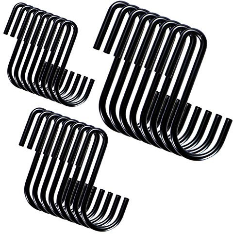 YourGift Robuste S-Haken, S-förmige Haken, zum Aufhängen, Haken für Küche, Bad, Schlafzimmer und Büro: Pfanne, Topf, Mantel, Tasche, Pflanzen (24 Stück/Schwarz/6,1 cm + 7,6 cm + 10,2 cm)