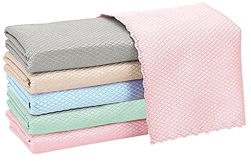 Cinvo 5 x Fischschuppen-Mikrofasertuch, Poliertuch, fusselfrei, Wiederverwendbare Geschirrtücher, Mehrzweck-Wasseraufnahme, Waschlappen für Fenster, Autos, Spiegel, (5 Farben gemischt, 30 x 40 cm)