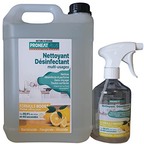 NETTOYANT DESINFECTANT MULTI-USAGES - BACTERICIDE - VIRUCIDE - FONGICIDE 5Litres PARFUM CITRON JAUNE, ELIMINE 99,9% DES VIRUS ET DES BACTERIES. Avec son SPRAY EN CADEAU
