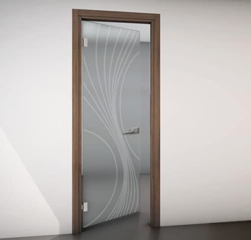 Porta interna a battente in vetro satinato e disegno sabbiato con Telaio Rovere Sbiancato e Serratura 70x210 Spingere a Sinistra