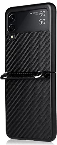 AMWEI Texture en Fibre de Carbone Coque pour Samsung Galaxy Z Flip4 (Z Flip 4) Étui, Souple Silicone TPU Et PU Cuir Etui de Protection Antichoc Housse avec Cordon. Noir