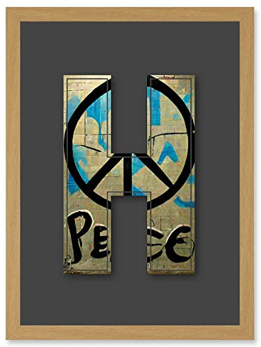 Wee Blue Coo Letter H Peace Sign Beige Black Decorative Graffiti Mural Alphabet Initial Stencil Artwork Framed Wall Art Print A4