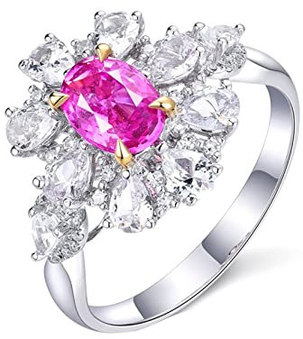 Ringe Frauen Hochzeit, Art Deco Schmuck Damen 18 Karat (750) Weißgold mit 0,93ct Rosa Ovalschliff Saphir Größe 62 (19,7)