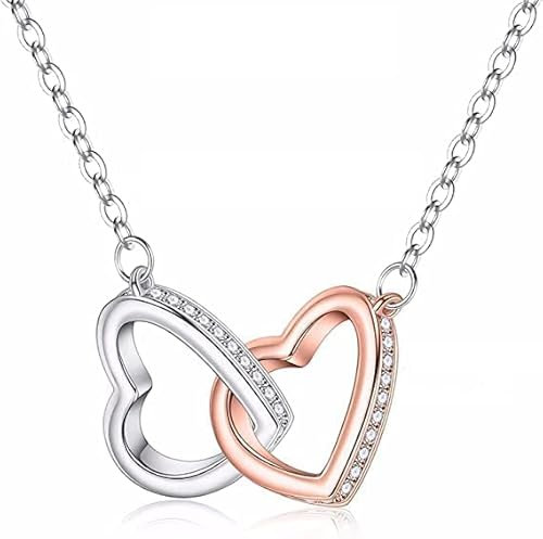 Pretty 925 Sterling Silver & Rose Gold Dual Heart Pendant Necklace | Sparkling Stone Encrusted | Adjustable Chain | Designed for Mother & Daughter, Elegant Presentation Box with Heartfelt Inscription