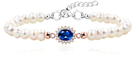 Armband aus 925er Sterlingsilber, natürliche Süßwasserperlen, Mittelfassung mit Granat/Saphir/Peridot – wertvolle Geburtsstein-Armbänder für Frauen, One Size, Stein, Perle