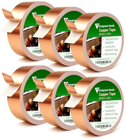 EVG Kupferband gegen Schnecken 20mm x 25m, 6 Rollen, selbstklebend | Schneckenband: Kupfer Schneckenabwehr für Beete, Hochbeet, Blumentöpfe, wetterfester chemiefreier Schneckenschutz