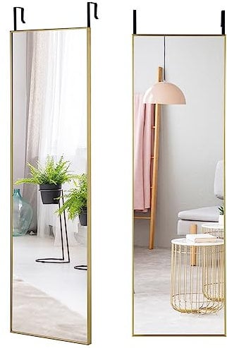Multigot Full Length Wall-Mounted Dressing Mirror with 2 Door Hooks, Long Hanging Mirror for Bedroom, Living Room, Entryway (Gold)