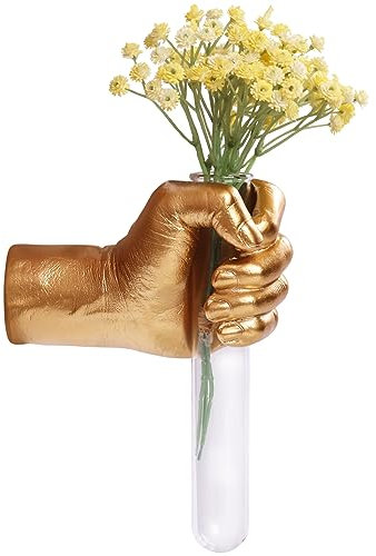 Gold Hand Vase, Wall Mounted Decor - Hanging Statue for Living Rooms & Entrance, Funky Art Sculpture Planter, Esculturas de Pared, Macetas Decorativas, Flower Tubes, Test Tubes for Plants