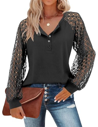 Beluring Women's Blouse Henley V Neck T-Shirts Fashion Lace Long Sleeve Tops, Black Size 8 10