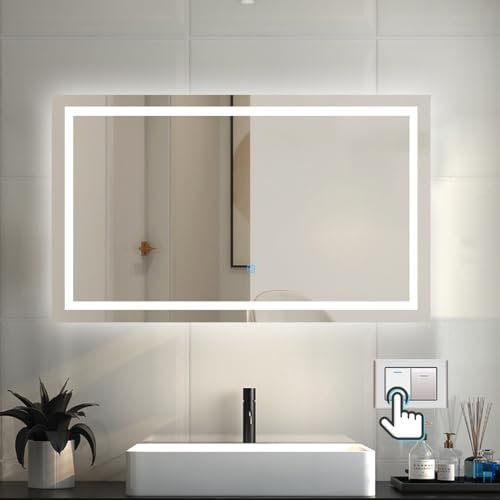 Bathroom Wall Mirror with LED Lights,900x600mm Wall Mounted Vanity Mirror Dimmable Switch 3 Colors and Demister Pad, Horizontal