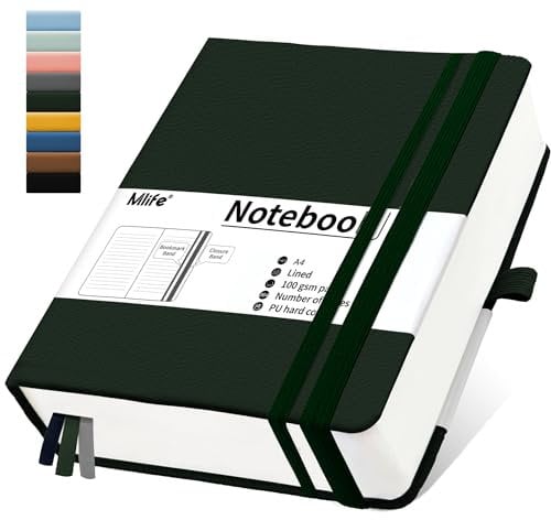 Mlife Notizbuch A4 Liniert,Dickes Notizbücher mit 360 nummerierten Seiten und 100g/M² Tintenfestes Papier,Hardcover Collegeblock, Tagebuch mit 2 Rücktasche für im Büro oder in der Schule(Grün)