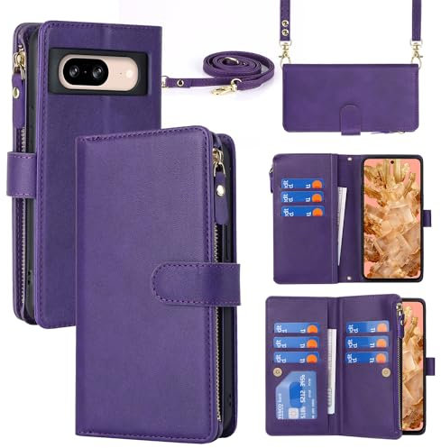 Cavor Google Pixel 8 Case With Card Holders With Strap,Flip Leather Wallet Crossbody Case,[9 Card Holders][Double Buckle][Detachable Lanyard],Phone Case Cover for Google Pixel 8 - Purple