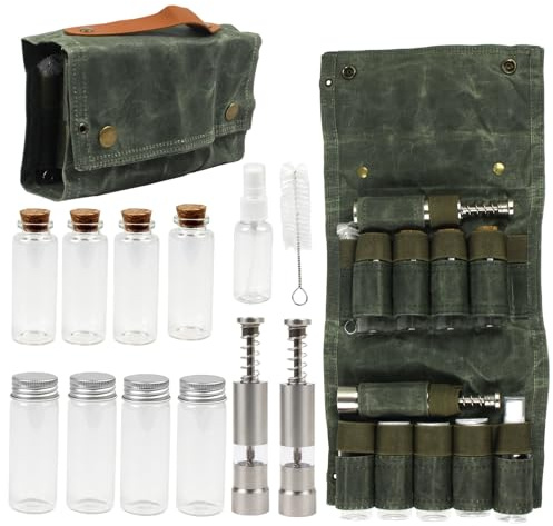 Yuecuu Camping Spice Bag Portable Seasoning Storage Bag with 8 Spice Jars, 2 Spice Mills, 1 Oil Spray Bottle, 1 Cleaning Brush for Backpacking Camping BBQ