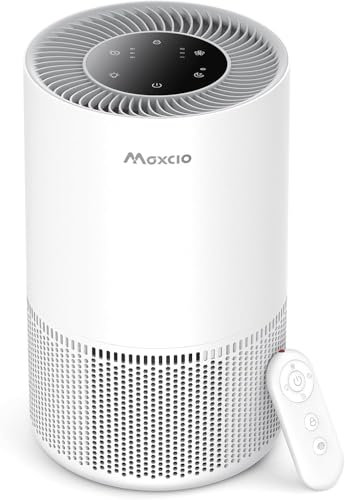Maxcio Purificador de Aire con Filtro HEPA, filtraggio efficace di particelle e odori, silenzioso a 23 dB, aromaterapia, risparmio energetico da 7 W, controllo touch o remoto, blocco bambini, timer