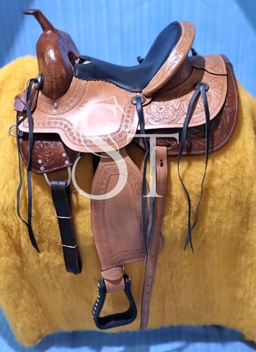 Sazaar Tack Western - Sillín de piel con forma de barril para montar a caballo, silla de montar con dientes florales con conchos plateados ST-WLS-131 (asiento de 17 pulgadas)