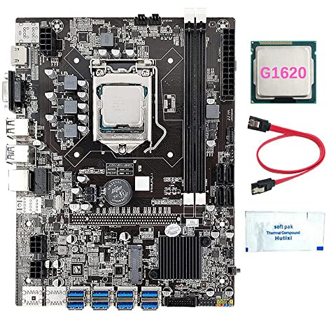 AMIUHOUN Carte mère B75 8 cartes BTC Mining + G1620 CPU + graisse thermique + câble 8 x USB 3.0 (PCIE 1X) GPU Slot LGA1155 DDR3 RAM MSATA