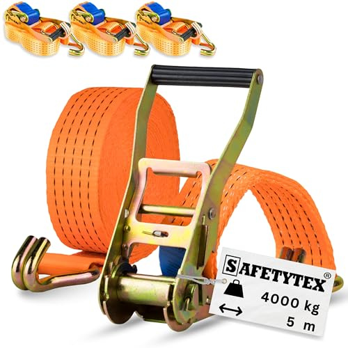 Safetytex Spanngurt 4t zweiteilig mit Ratsche & Spitzhaken – 5m lang 50mm breit – LC 2000/4000 daN – Zurrgurt zweiteilig – Profi-Ratsche – 100% Polyester (4 Stück)
