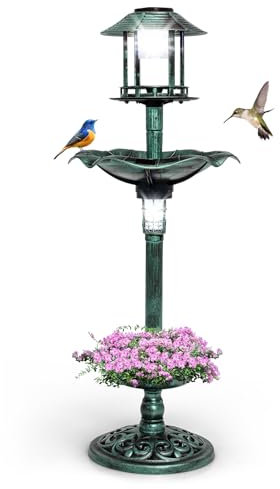 GOPLUS Mangeoire Oiseaux Extérieur Solaire, Bain d'oiseaux sur Pied avec 2 Lampes à Energie Solaire, Support Remplissable, 3 Piquets, Abreuvoir Oiseaux φ43x110cm pour Jardin, Cour (Vert)