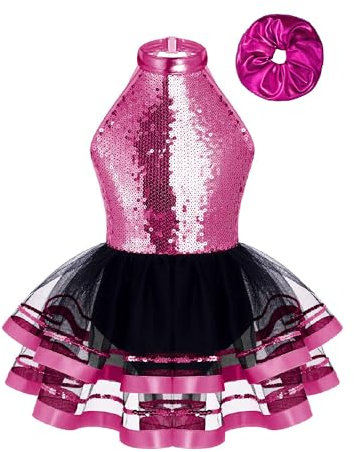 Rswnyirn Glitzer Mädchen Eiskunstlauf Kleid mit Haarband Ballettkleidung Set Rückenfrei Pailletten Tanzkleid Tanzanzug Latein Tütü Rock Rose 110-116
