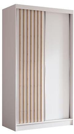 Margaret Hadas24 Kleiderschrank Erika mit Lamellen ohne Spiegel, Organizer, Mehrzweckschrank, Schwebetürenschrank, Garderobenschrank, Kleiderstange, Kleiderständer, Flurschrank, 120 cm, weiß, braun