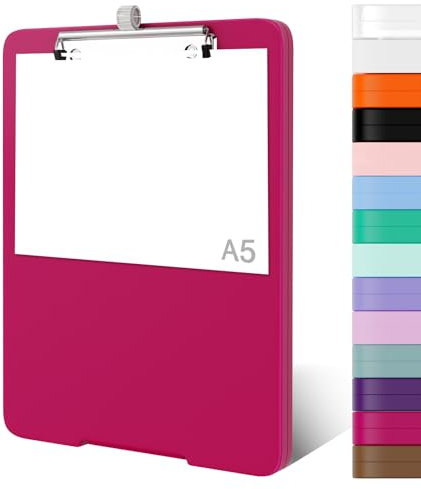 Piasoenc Kleines Klemmbrett mit Aufbewahrung, A5-Klemmbrett mit Stifthalter, Kunststoff-Klemmbrett mit niedrigem Profil-Clip für Krankenschwestern, Lehrer, Lawer, Rot