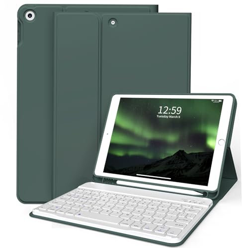 ZKTUYU Keyboard Case for iPad 9th/8th/7th Generation 10.2 inch 2021/2020/2019 with Pencil Holder, Stand Folio Detachable Wireless Bluetooth Keyboard Cover, Soft TPU Back Smart Case, Dark Green