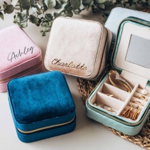 SCHUANGZHAN Schmuckkästchen aus Samt mit Namen, Brautjungfernantrag, Monogramm, kleines Reise-Schmucketui, Schmuck-Organizer, personalisierte Geschenke