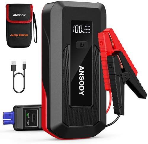 ANSODY 3000A Booster de démarrage pour Voiture (jusqu'à 10L essence/8L Diesel) - Powerbank 12V avec câbles de démarrage, LED et Chargeur Portable pour Batterie de Voiture (Rouge)