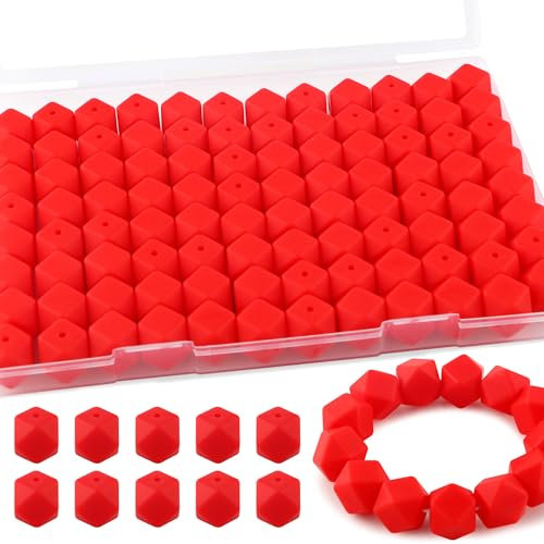 Kovict Lot de 96 perles hexagonales en silicone de 14 mm pour la fabrication de porte-clés - Perles en silicone pour bracelet, collier, loisirs créatifs (rouge écarlate)