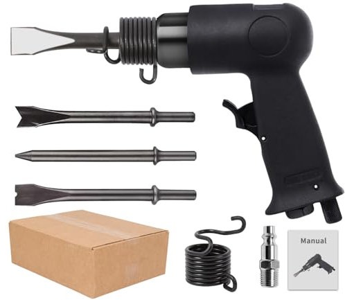 Pala pneumatica, 4500 colpi/min, martello pneumatico e scalpello, professionale, pala a gas portatile, per rimuovere la ruggine, utensili pneumatici con 4 scalpelli (nero)