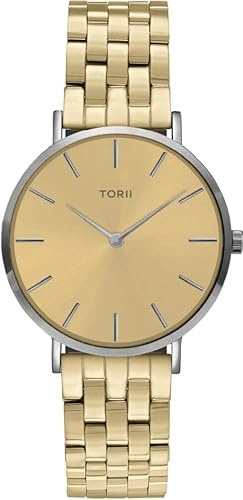 TORII Damenuhr Gold Edelstahl - rund Quarz S34GB.GS Edelstahlarmband Strichindizes wasserdicht 50 m